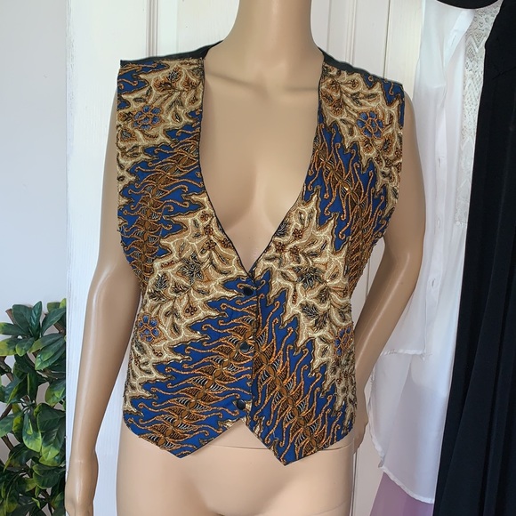 Vintage 80s beaded sleeveless black satin fancy VEST jacket L - Picture 4 of 16